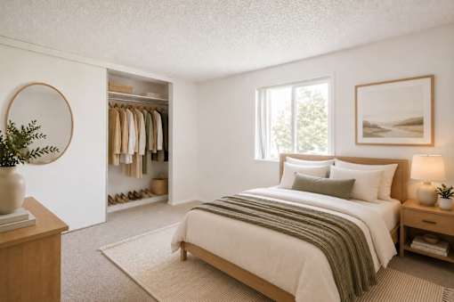 A bedroom with a large bed and a wardrobe.