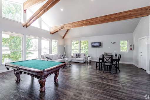 Clubhouse with pool table at The Groove apartments in the Hazel Dell 98665 neighborhood in Vancouver, Washington.