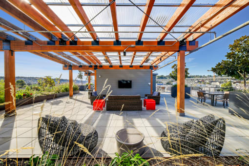 a covered patio with furniture and a television at The Hayes on Stone Way, Washington