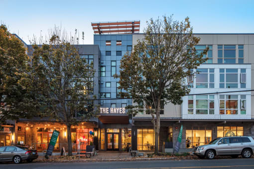 The Hayes on Stone Way Apartments exterior with retail at The Hayes on Stone Way, Seattle, WA