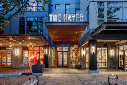 The Hayes on Stone Way Apartments exterior at night at The Hayes on Stone Way, Washington, 98103