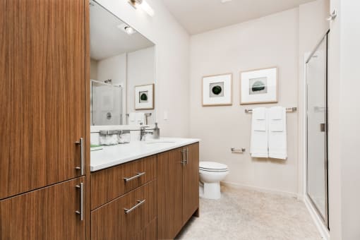 a bathroom with a toilet and a vanity with a large mirror at The Hayes on Stone Way, Seattle, WA, 98103