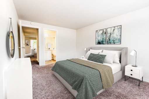 The Lucent Apartments in Tacoma, Washington Model Bedroom with Attached Bathroom