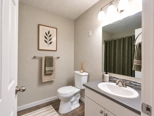 A bathroom with a toilet, sink, and mirror.