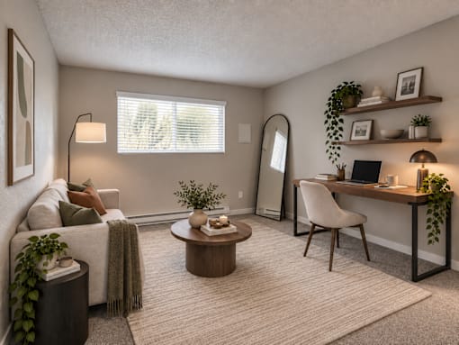 A cozy living room with a couch, coffee table, and a desk with a chair.