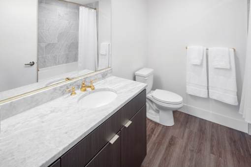 A bathroom with a marble countertop and a toilet.