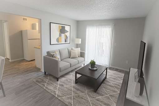 A living room with a grey couch, a coffee table, and a television.
