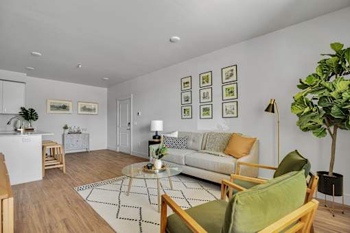 A living room with a grey couch, a green chair, and a glass coffee table.
