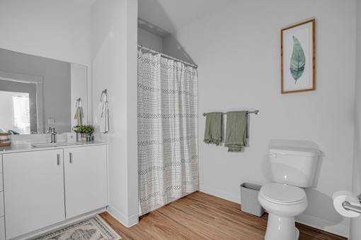 A white toilet sits in a bathroom with a white cabinet and a framed leaf picture on the wall.