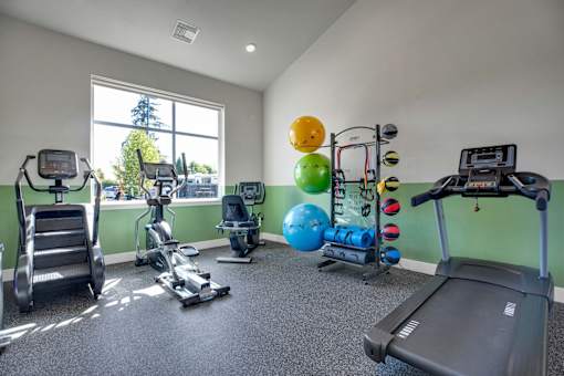A gym with a treadmill, elliptical machines, and exercise balls.
