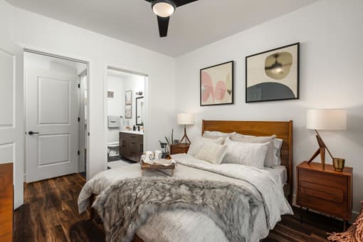Trovita Rio Apartments in Tempe, Arizona Model Bedroom with Attached Bathroom