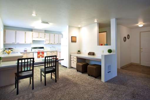 Village on Broadway Apartments in Spokane Valley, Washington Model Kitchen with Built-In Desk