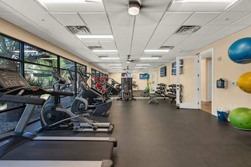 A gym with treadmills, exercise bikes, and weights.