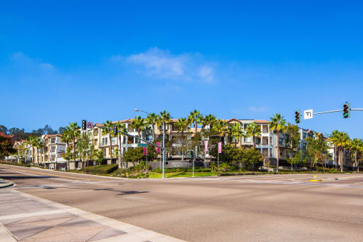 a row of apartment buildings with palm trees in front of a street