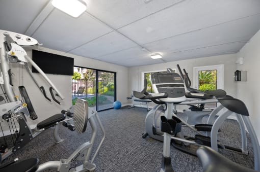 the gym has plenty of exercise equipment and a tv
