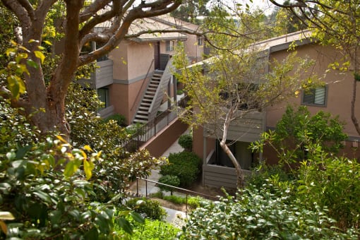 the courtyard of an apartment building with stairs and trees