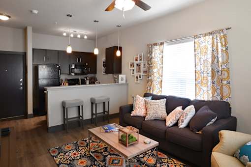 Living Room Come Kitchen View at H Squared Apartments, Denton, 76201