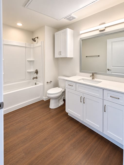 A white bathroom with wood floors and a white toilet.