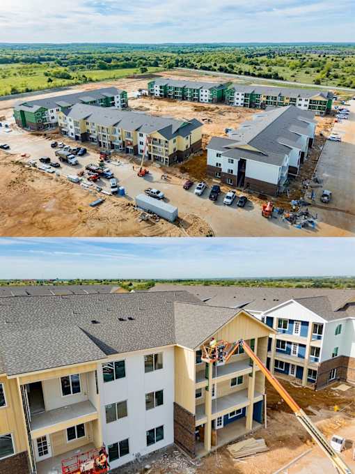 A construction site with multiple buildings under construction.