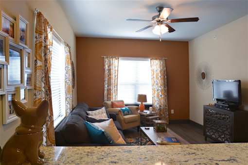 Curtained windows at H Squared Apartments, Denton, Texas