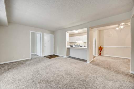 A spacious room with a carpeted floor and white walls.
