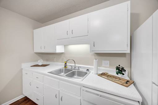 A white kitchen with a sink and cabinets.