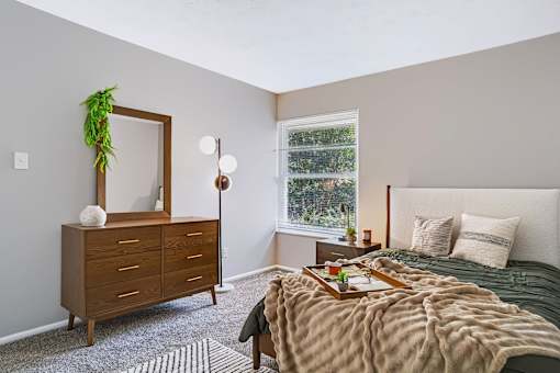 A bedroom with a bed, nightstand, and a plant on the dresser.