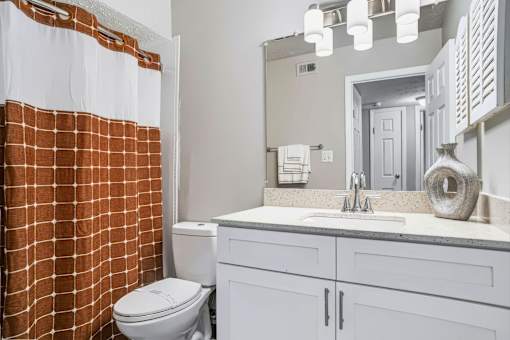 A bathroom with a toilet, sink, and shower curtain.