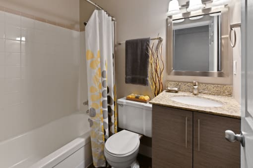 Updated master bathroom at Heritage Hill Estates Apartments, Cincinnati, Ohio 45227