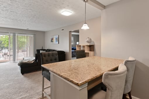 An open kitchen with large island for cooking or use as an eat in kitchen at Heritage Hill Estates Apartments, Cincinnati, Ohio 45227