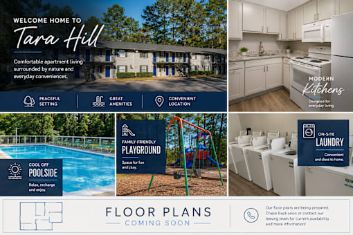 A promotional image for Tara Hill apartments showcasing the amenities and a glimpse of the kitchen.