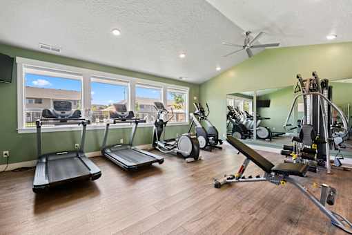 A spacious home gym with a variety of exercise equipment and a view of the outside through the windows.