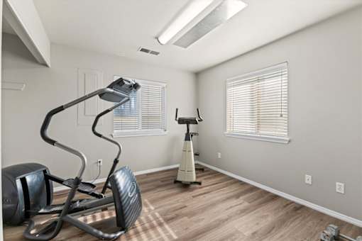 A home gym with a treadmill, elliptical trainer, and a vacuum cleaner.