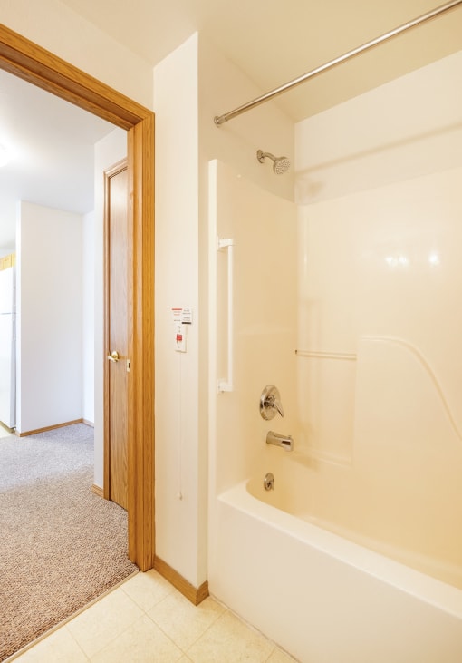 a bathroom with a shower and a door to a closet