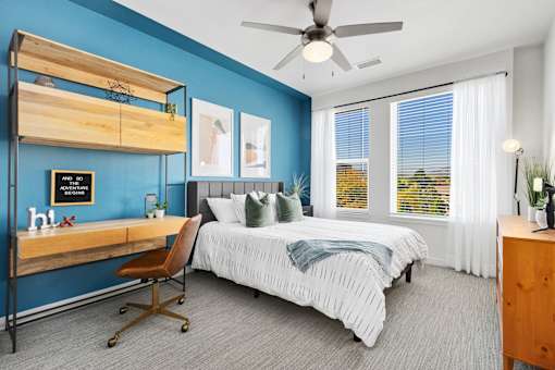 Bedroom With Ceiling Fan at Cycle Apartments, Fort Collins, CO, 80525