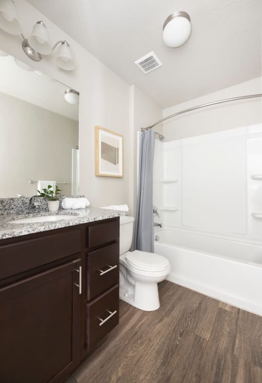 a bathroom with a toilet sink and bathtub in a 555 waverly unit at The Alloy at Geneva, Vineyard, 84058