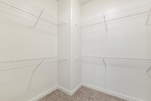 Empty white closet with shelves and carpeted floor. at Verraso Village Apartments, Meridian