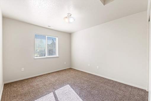A room with a window and a carpet on the floor.