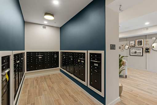 A kitchen with black cabinets and wooden floors at The Beaumont Apartments, Montana, 59715