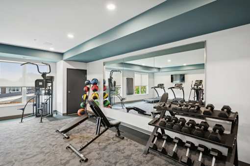 A well-equipped home gym with a variety of exercise equipment.