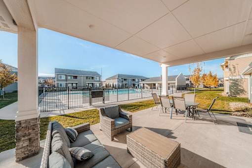 the preserve at ballantyne commons covered patio with furniture and a pool