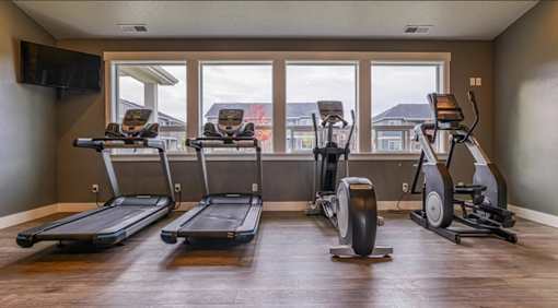a gym with cardio equipment and windows with a mountain view