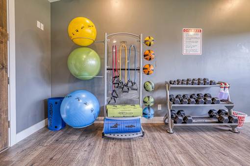 a workout room with weights and balls at the preserve at walnut creek