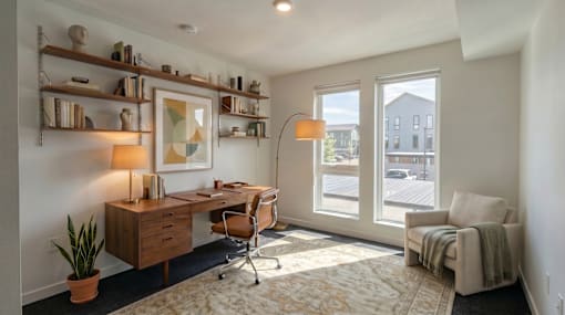 A room with a desk, chair, and a window overlooking a street at The Clara in Eagle, ID 83616