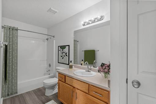 A bathroom with a toilet, sink, and mirror. at Eagles Landing, Idaho, 83406