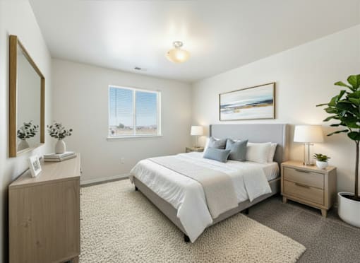 A bedroom with a large bed, a nightstand, and a plant.
