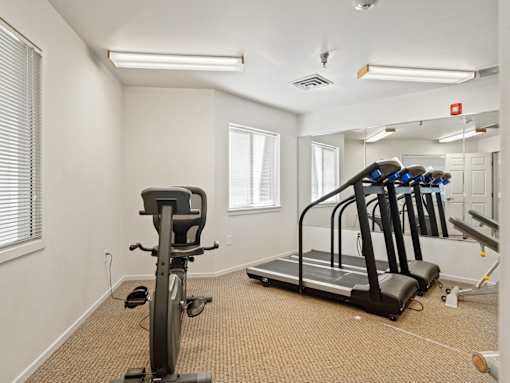 A room with a treadmill and a stationary bike.