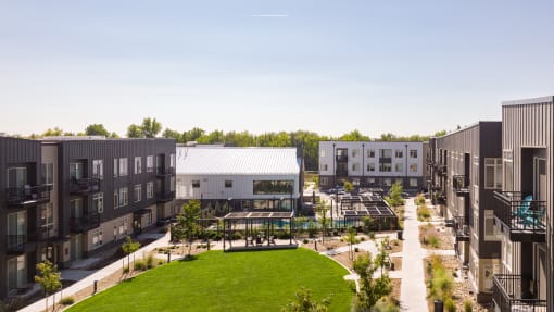 an aerial view of the courtyard of an apartment complex