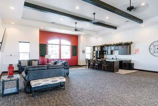 A living room with a black couch and a grey rug.