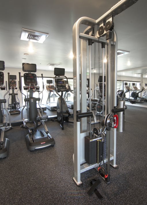 a group of exercise machines in a gym at Cycle Apartments, Fort Collins